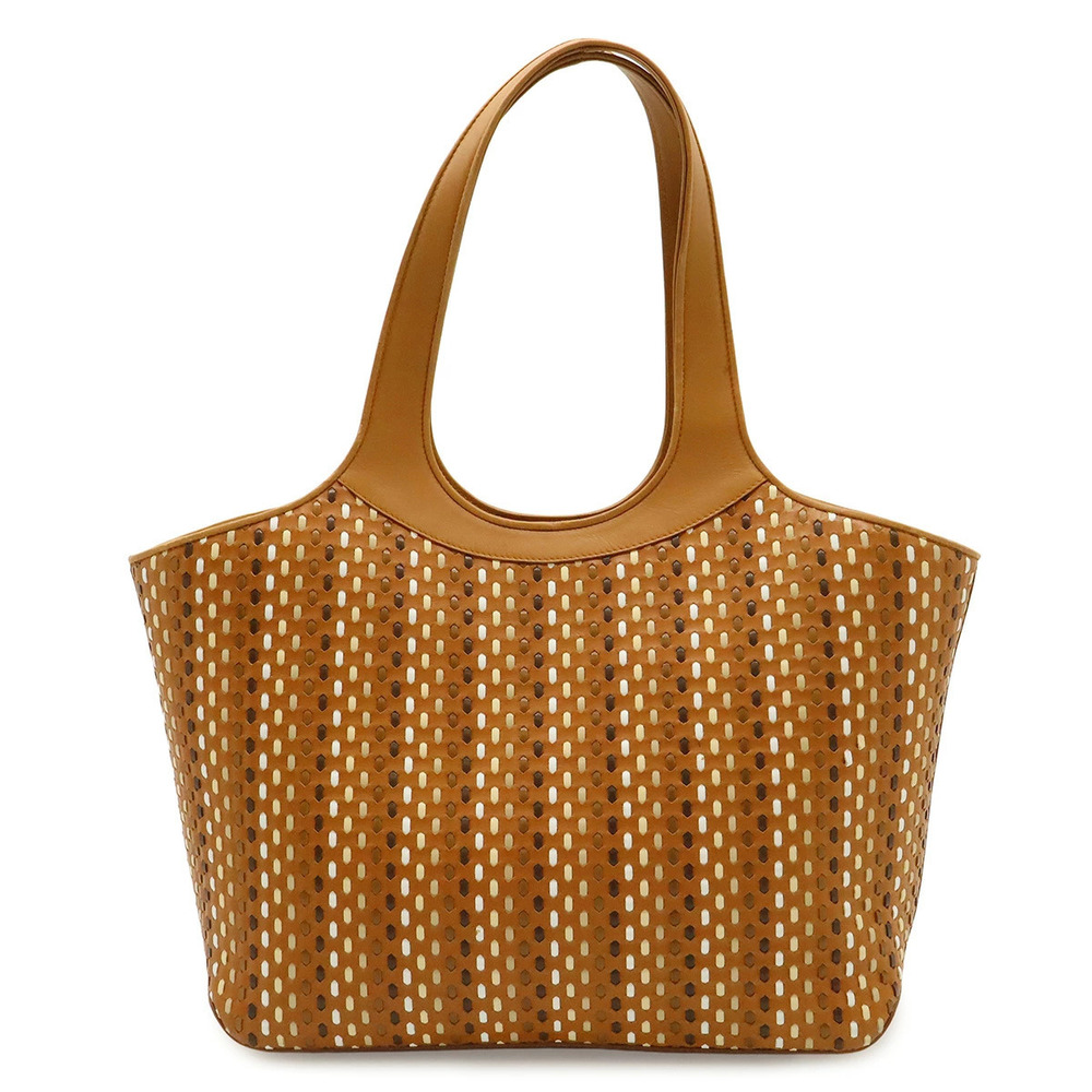 Salvatore Ferragamo Intrecciato Tote Bag Shoulder Mesh Leather Camel Brown White